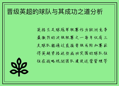 晋级英超的球队与其成功之道分析