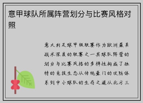 意甲球队所属阵营划分与比赛风格对照